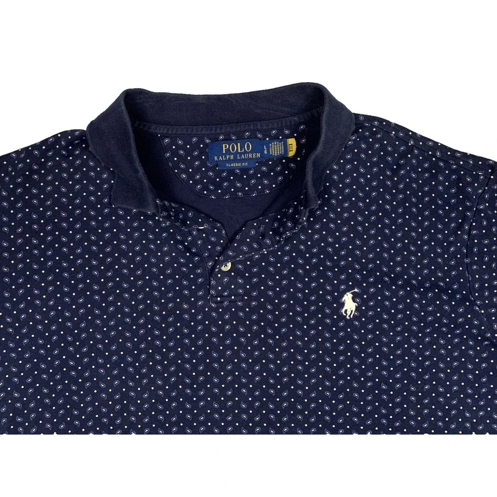 Polo Ralph Lauren Shirt Mens Large Navy Blue Paisley Dot Classic Fit‎ Polo
